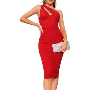 KUTUMAI One Shoulder Cutout Bodycon Corset Dress in Red, Size L​​​​​